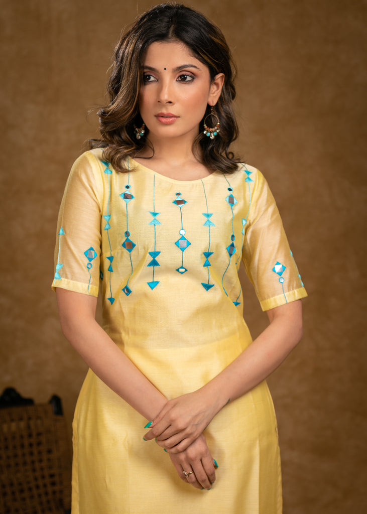 Classy Lemon Yellow Chanderi Kurta with Contrast Embroidery on Yoke and Sleeves, Dupatta and Pant Set - 3 Piece