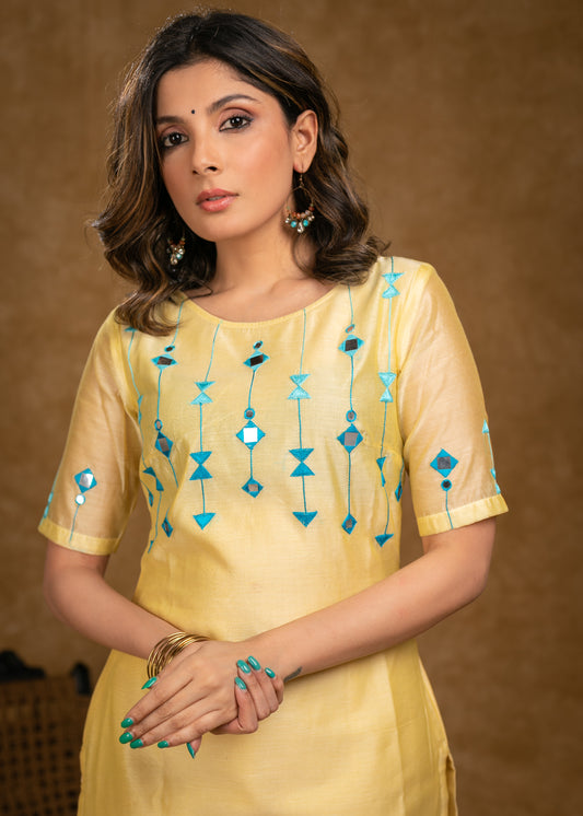 Classy Lemon Yellow Chanderi Kurta with Contrast Embroidery on Yoke and Sleeves