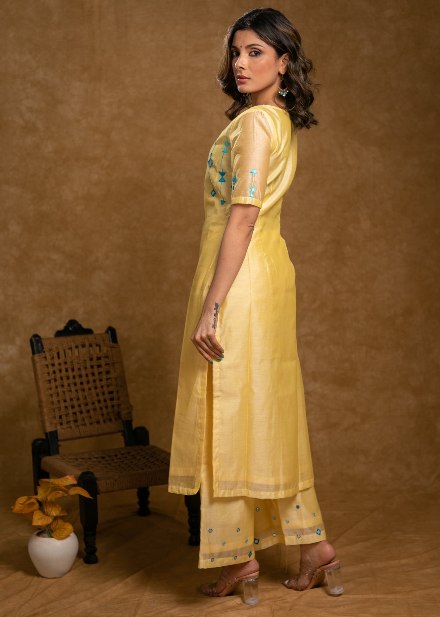 Classy Lemon Yellow Chanderi Kurta with Contrast Embroidery on Yoke and Sleeves