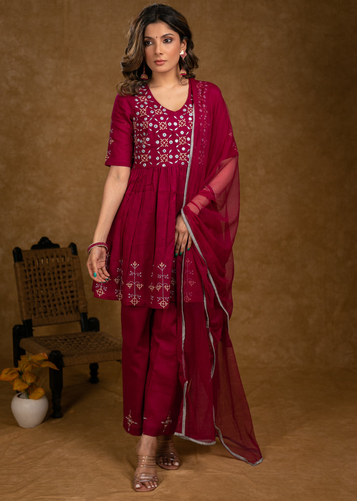 Trendy Magenta Cotton Embroidered Kurta and Palazzo Set - Dupatta Optional