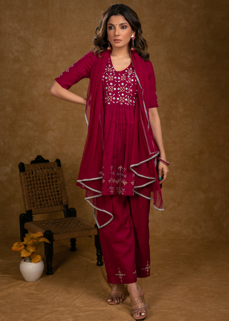 Trendy Magenta Cotton Embroidered Kurta and Palazzo Set - Dupatta Optional