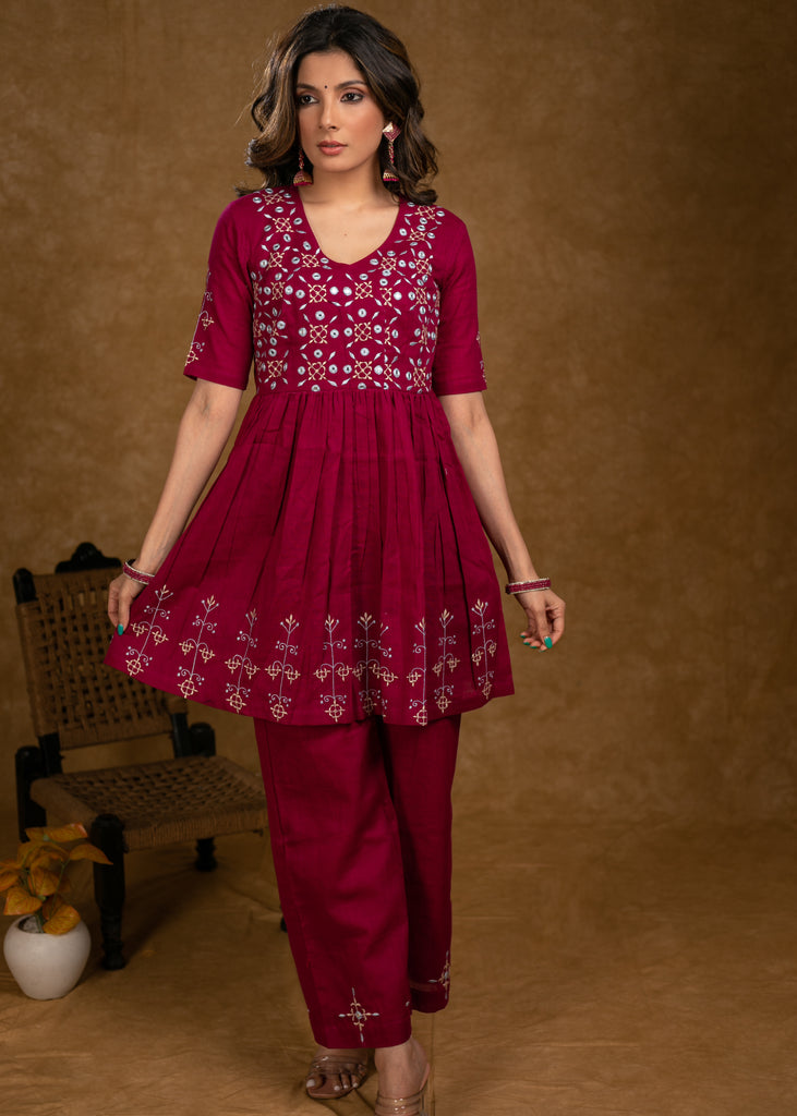 Trendy Magenta Cotton Embroidered Kurta and Palazzo Set - Dupatta Optional