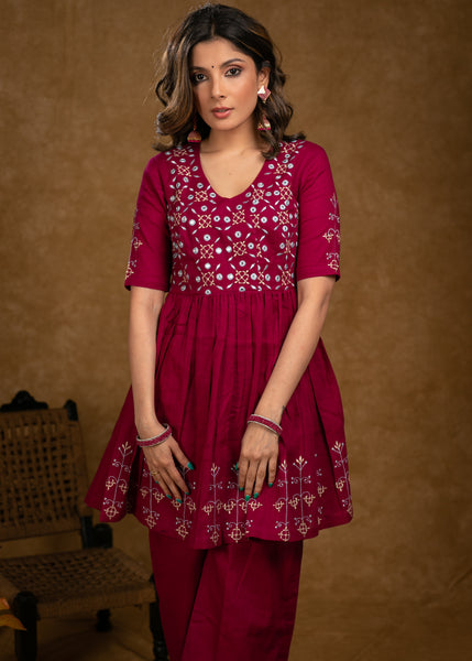 Trendy Magenta Cotton Embroidered Kurta and Palazzo Set - Dupatta Optional