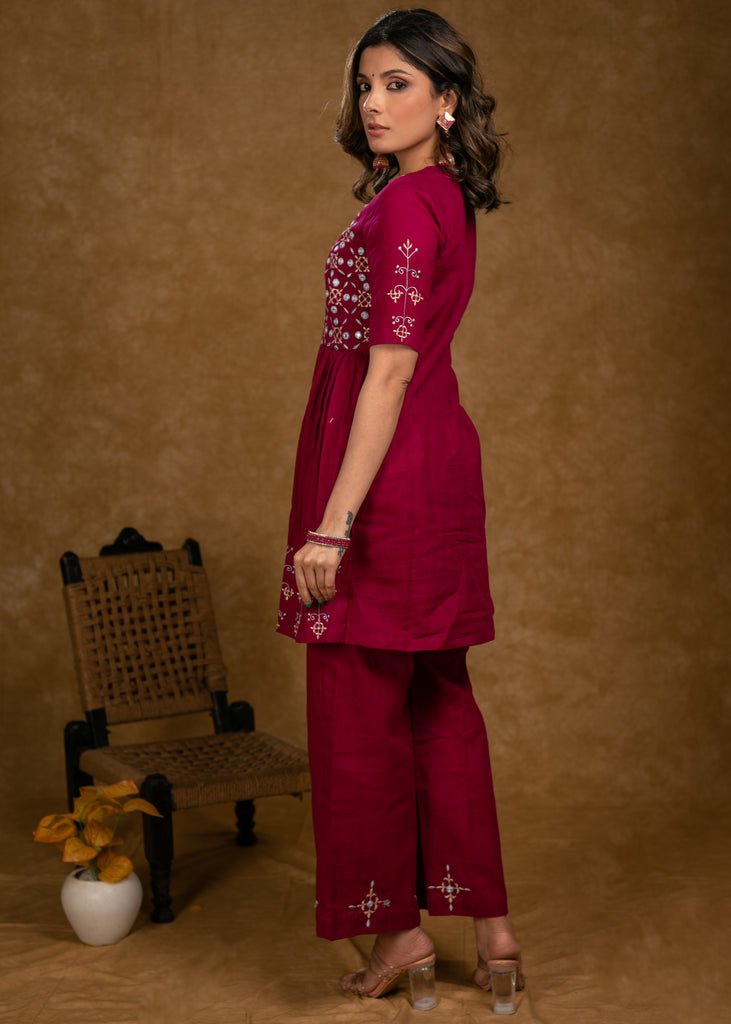 Trendy Magenta Cotton Embroidered Kurta and Palazzo Set - Dupatta Optional
