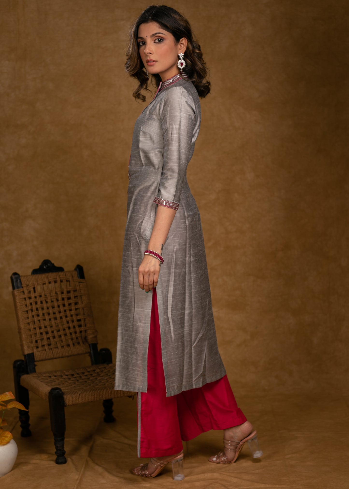 Classy Grey Cotton Silk Kurta with Sequence Hand Embroidery