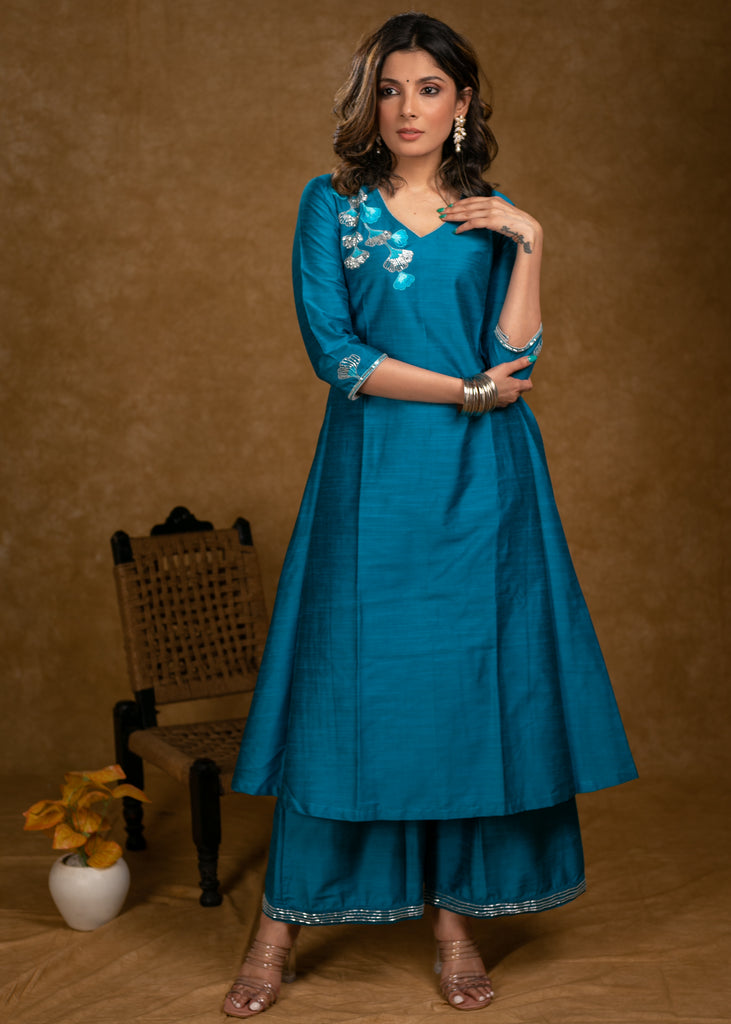 A Line Firozi Cotton Silk Kurta with Beautiful Glass Bead Embroidery and Palazzo - 2 Piece