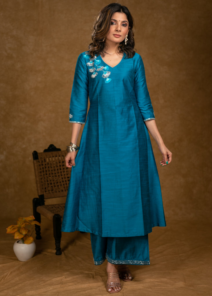 A Line Firozi Cotton Silk Kurta with Beautiful Glass Bead Embroidery and Palazzo - 2 Piece