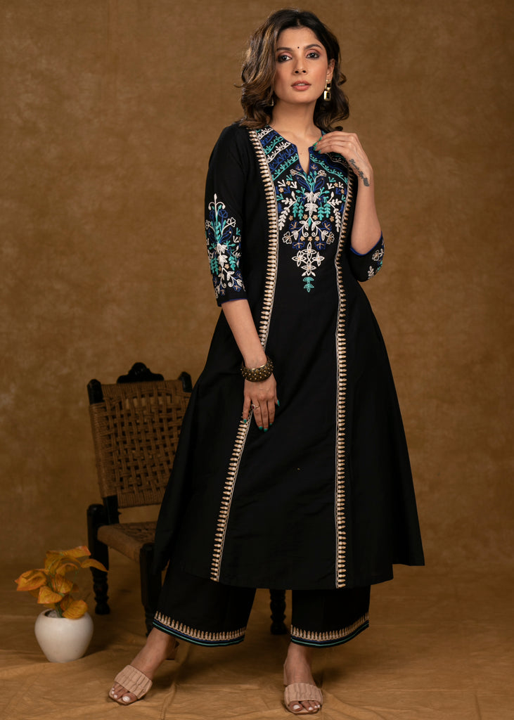 Exclusive Black Cotton Silk Kurta & Pant Set with Embroidered Panel Yoke & Sleeves