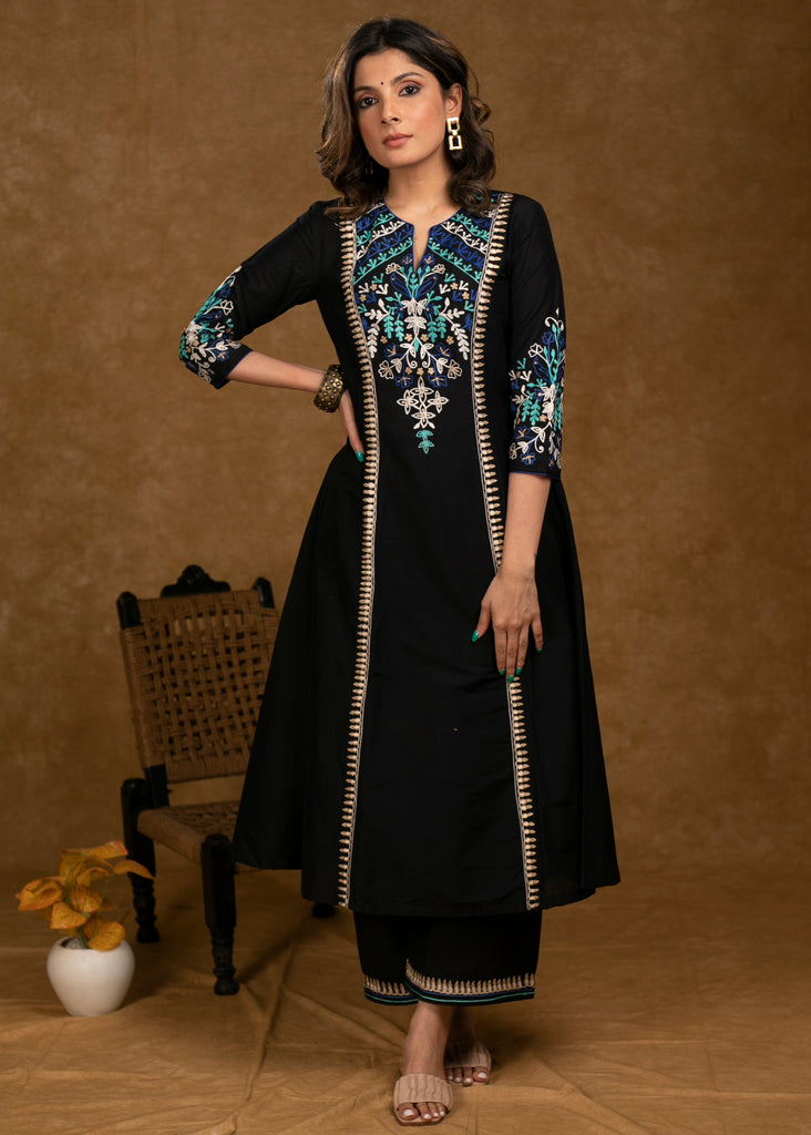 Exclusive Black Cotton Silk Kurta & Pant Set with Embroidered Panel Yoke & Sleeves