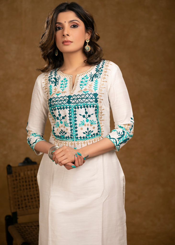 Graceful Off-White Cotton Silk Kurta & Pant Set with Intricately Embroidered Yoke
