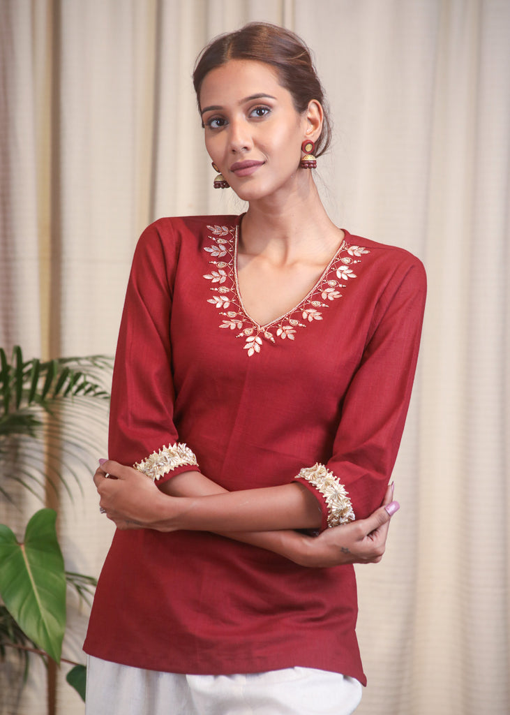 Gota Patti Hand Embroidered Maroon Cotton Top