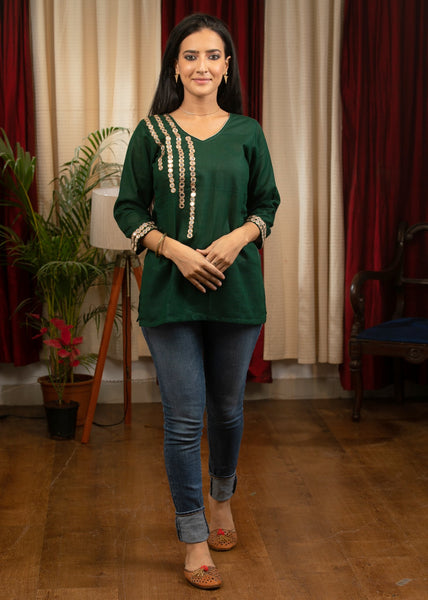 Forest green cotton silk top with exclusive hand embroidered mirror work