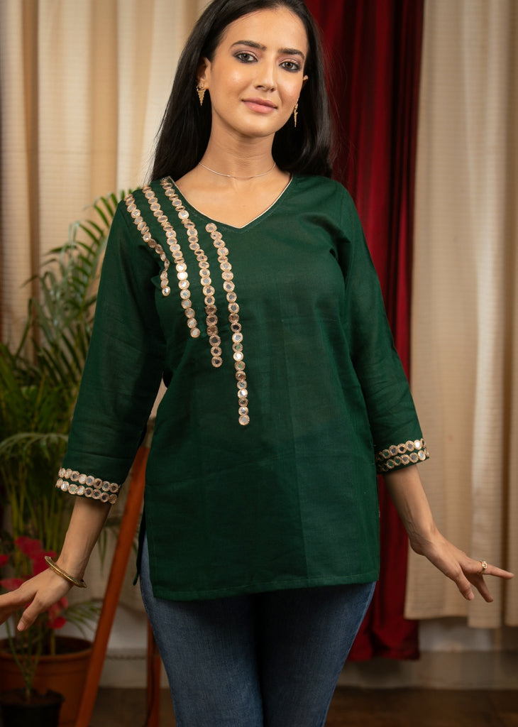 Forest green cotton silk top with exclusive hand embroidered mirror work