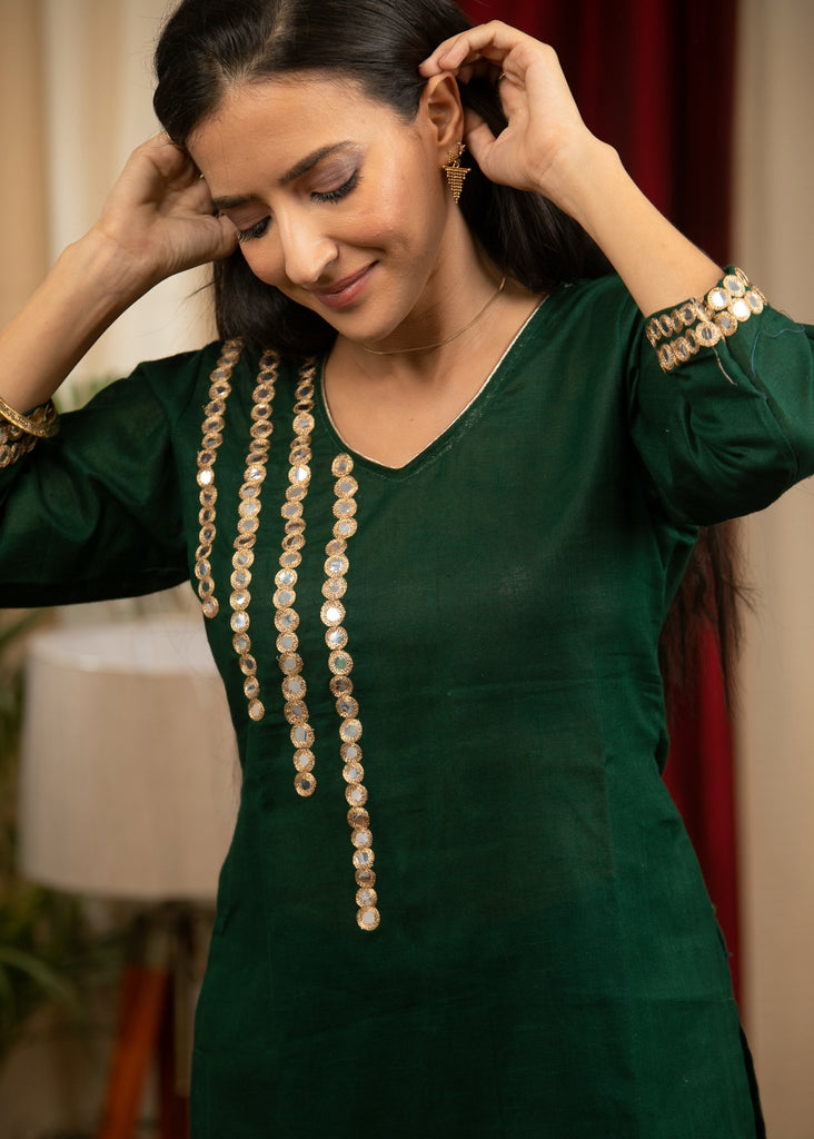 Forest green cotton silk top with exclusive hand embroidered mirror work