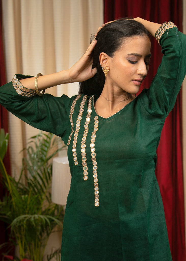 Forest green cotton silk top with exclusive hand embroidered mirror work