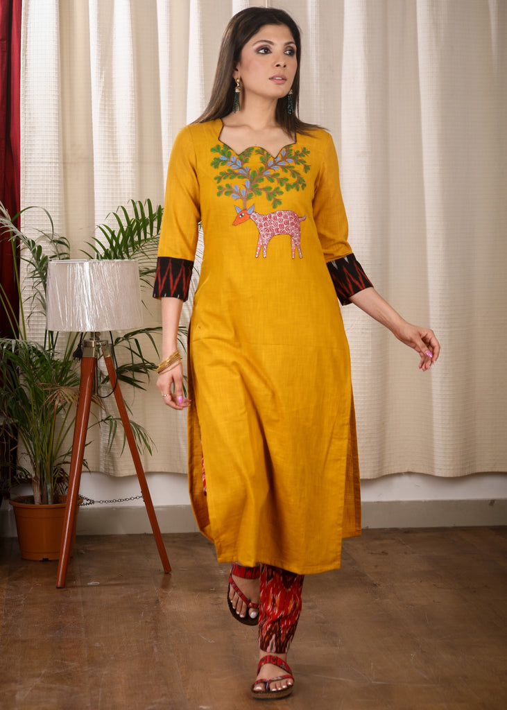 Elegant Straight Cut Mustard and Ikat Combination Kurta With Authentic Hand Gond Painting on the Yoke