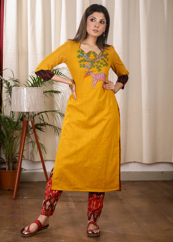 Elegant Straight Cut Mustard and Ikat Combination Kurta With Authentic Hand Gond Painting on the Yoke