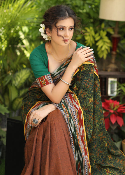 Standout brown Cotton saree with Ajrakh combination Pallu with Gorgeous Ikaat border