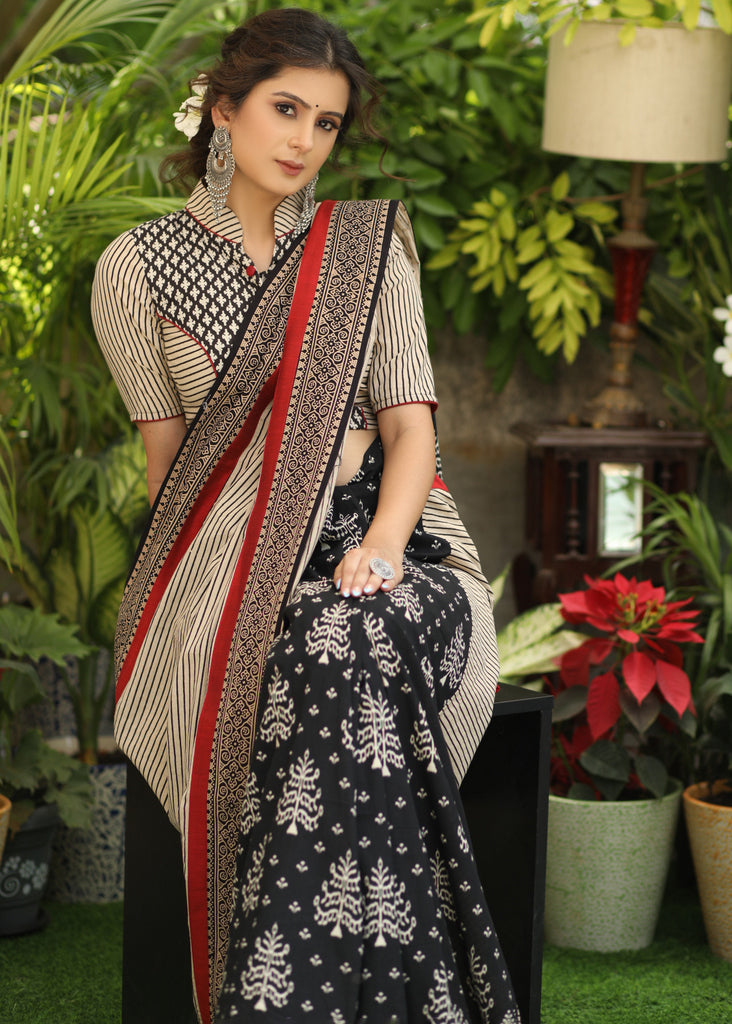 Gorgeous Black printed Cotton saree with line Ajrakh Pallu and maroon Cotton silk, Ajrakh combination border