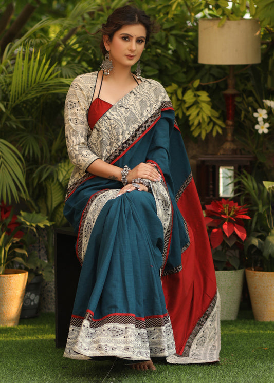 Exceptional Teal blue Cotton saree with Madhubani printed border