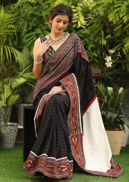 Classy black Ikat saree with Ajrakh & Ikat combination border