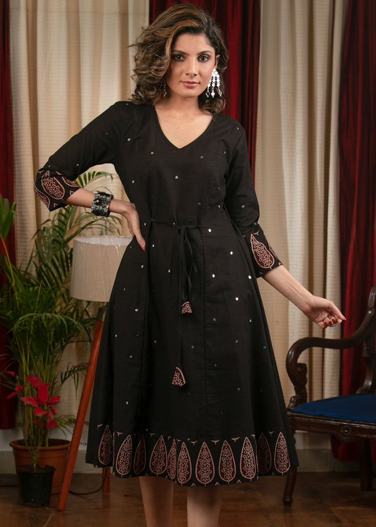 Black all over mirror work dress with Ajrakh border