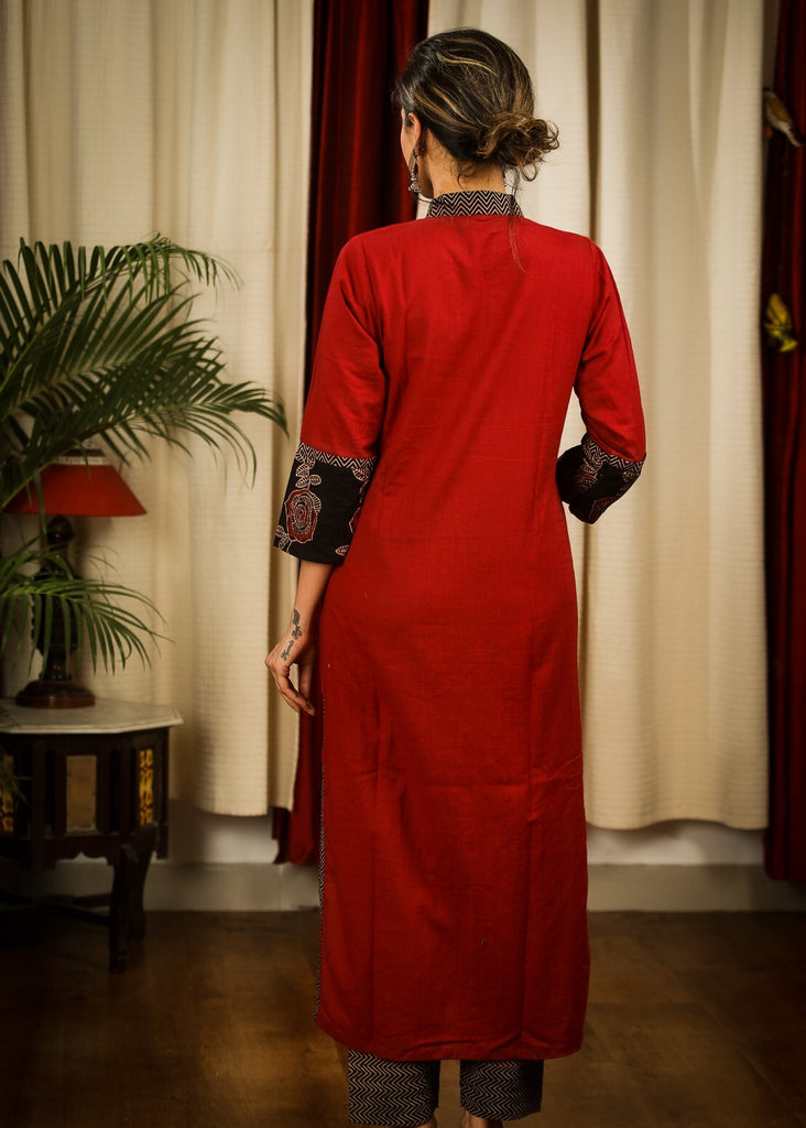 Straight Cut Maroon Cotton Handloom Kurta With Striking Ajrakh Panel