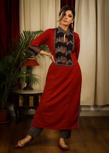 Straight Cut Maroon Cotton Handloom Kurta With Striking Ajrakh Panel