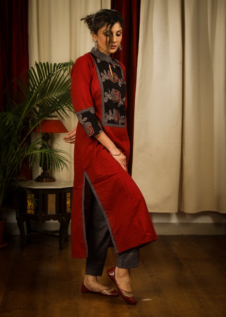 Straight Cut Maroon Cotton Handloom Kurta With Striking Ajrakh Panel
