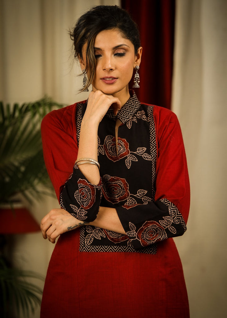 Straight Cut Maroon Cotton Handloom Kurta With Striking Ajrakh Panel