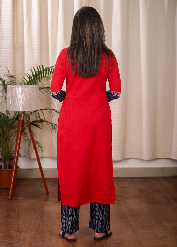 Exclusive Straight Cut Cotton Kurta Elegantly Combined with Hand Painted Madhubani Work and Ikat