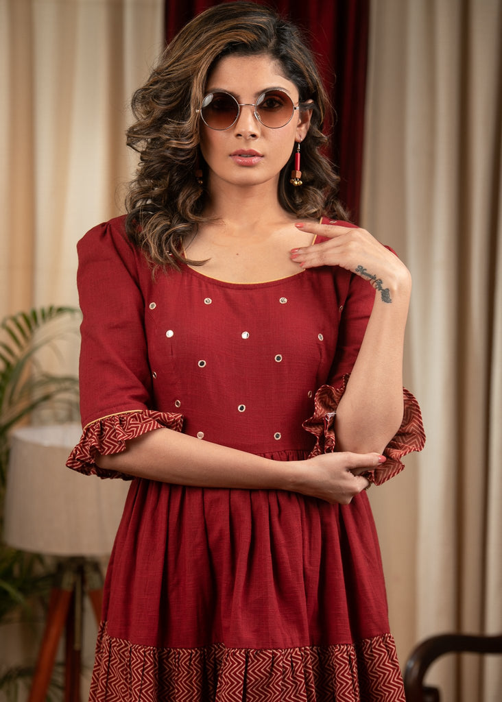 Rust cotton tiered dress with mirror work