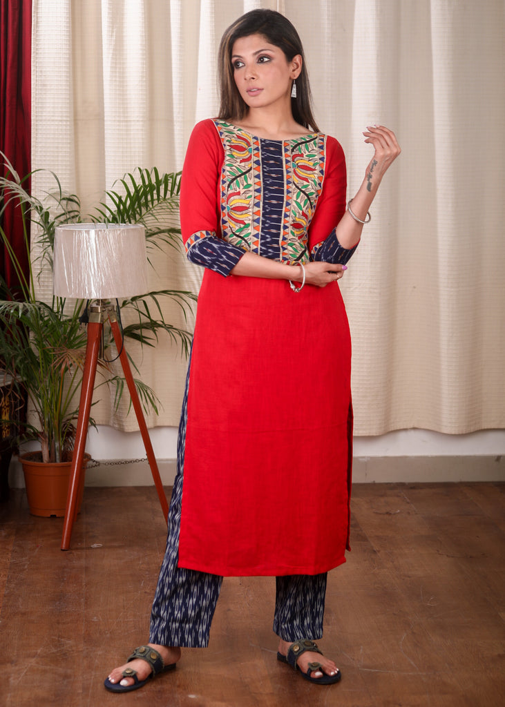 Exclusive Straight Cut Cotton Kurta Elegantly Combined with Hand Painted Madhubani Work and Ikat