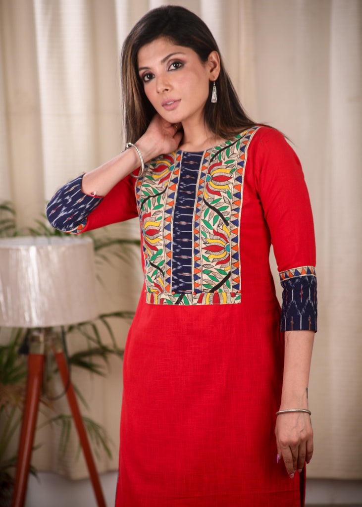 Exclusive Straight Cut Cotton Kurta Elegantly Combined with Hand Painted Madhubani Work and Ikat