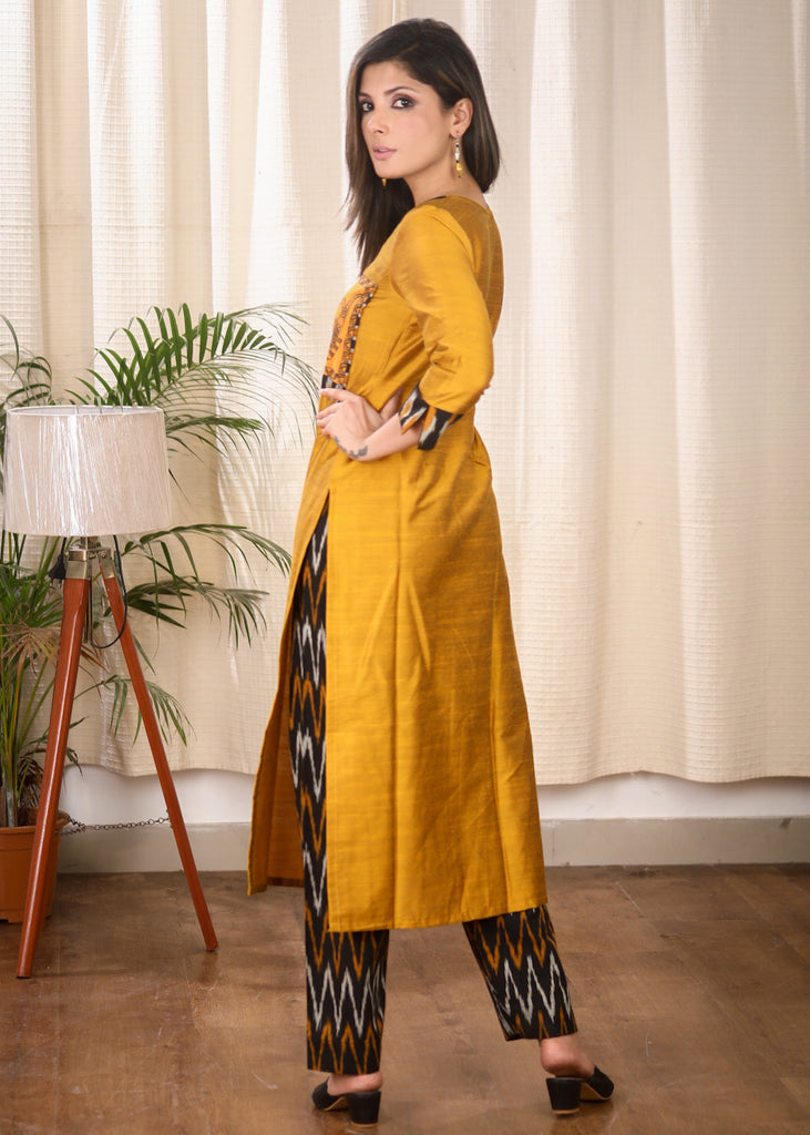 Striking Mustard Cotton Silk Straight Cut Kurta With Exclusive Hand Painted Madhubani Art on The Yoke