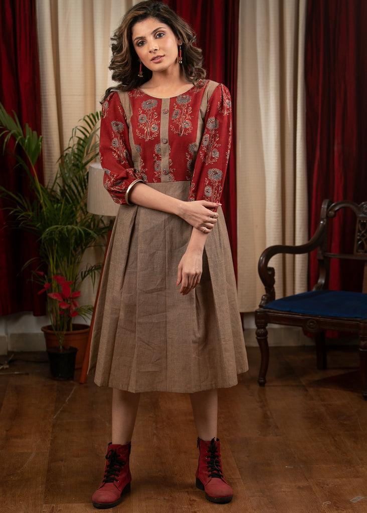 Beige cotton dress with Ajrakh yoke & sleeves