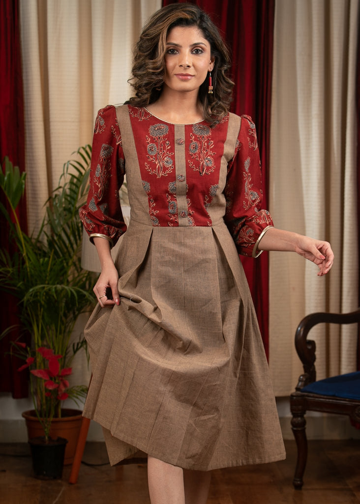 Beige cotton dress with Ajrakh yoke & sleeves
