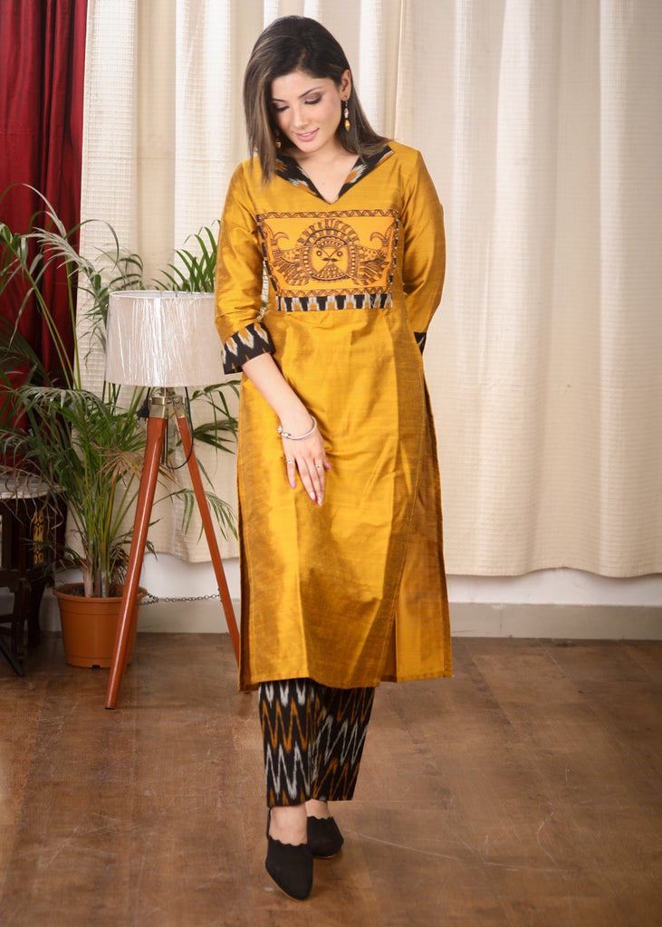 Striking Mustard Cotton Silk Straight Cut Kurta With Exclusive Hand Painted Madhubani Art on The Yoke