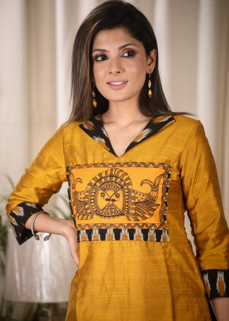 Striking Mustard Cotton Silk Straight Cut Kurta With Exclusive Hand Painted Madhubani Art on The Yoke