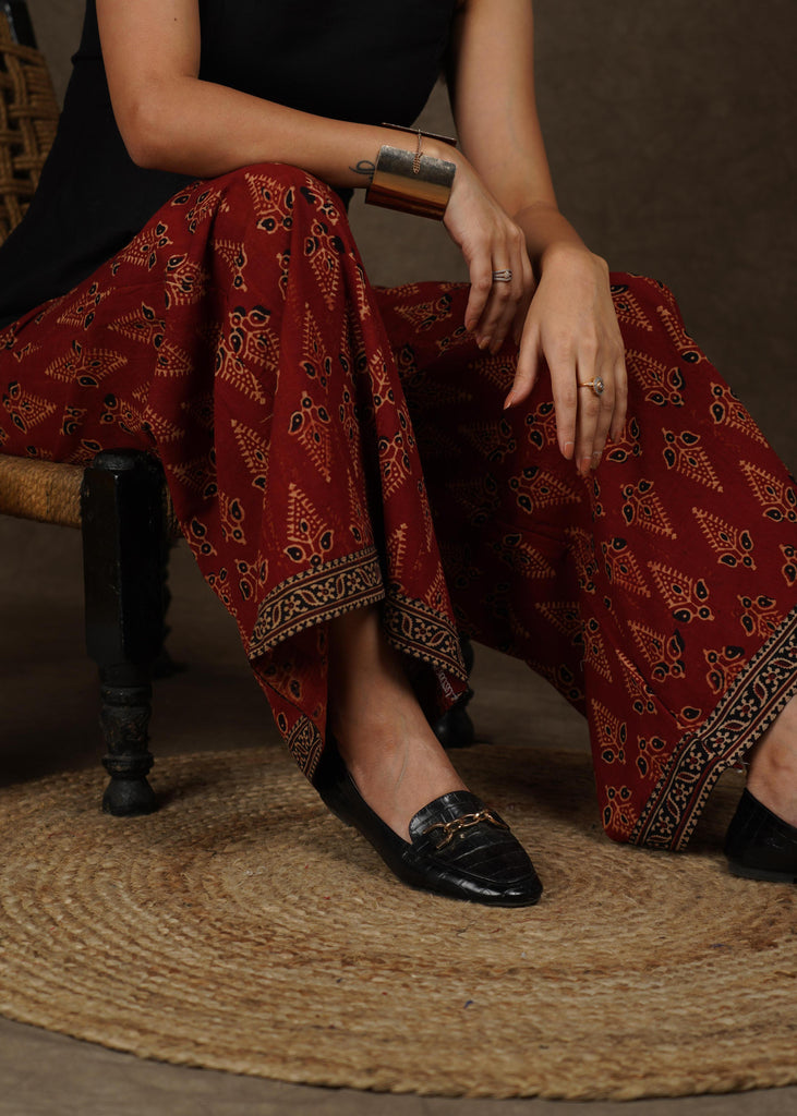 Smart Maroon Ajrakh wide leg palazzo pant