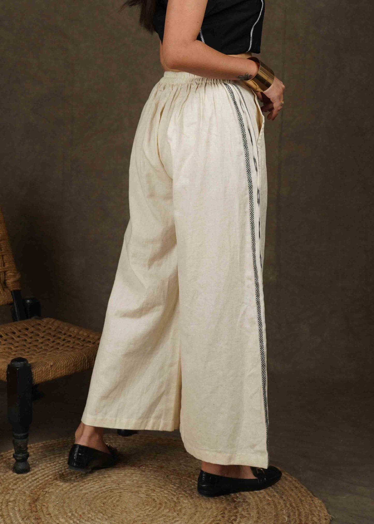 Trendy casual cotton wide palazzo pant with ikat border on the side
