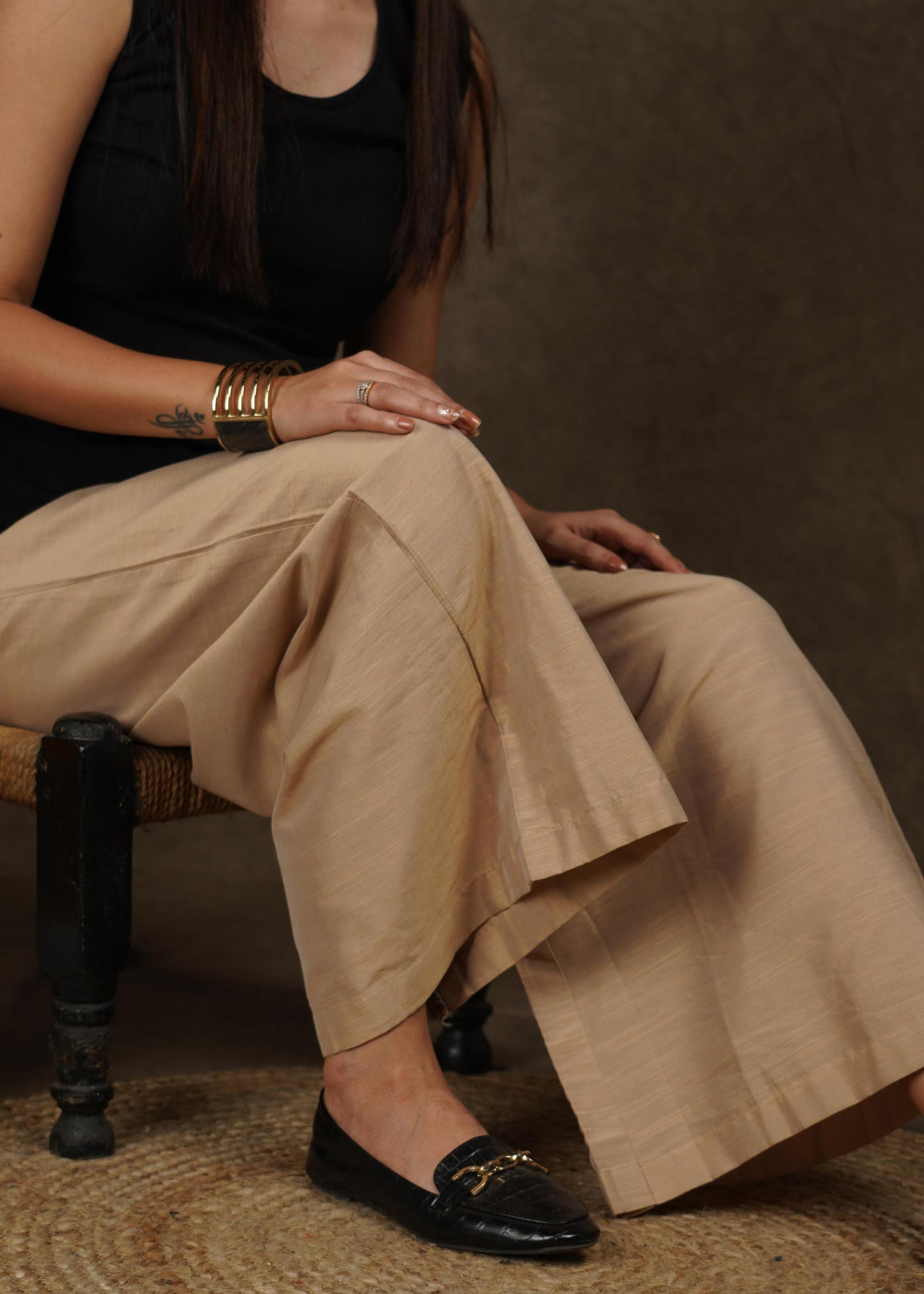 Elegant beige cotton silk wide leg palazzo pant