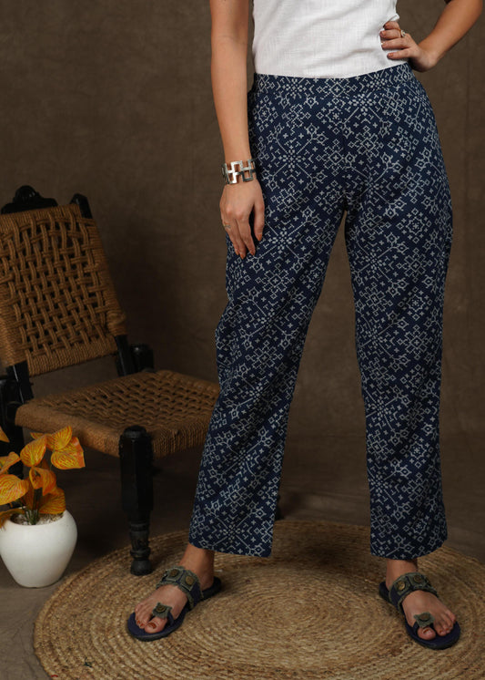 Classy printed indigo straight fit trouser