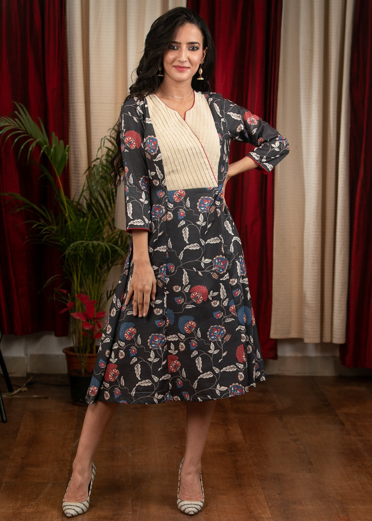 Black printed dress with off white pleated yoke