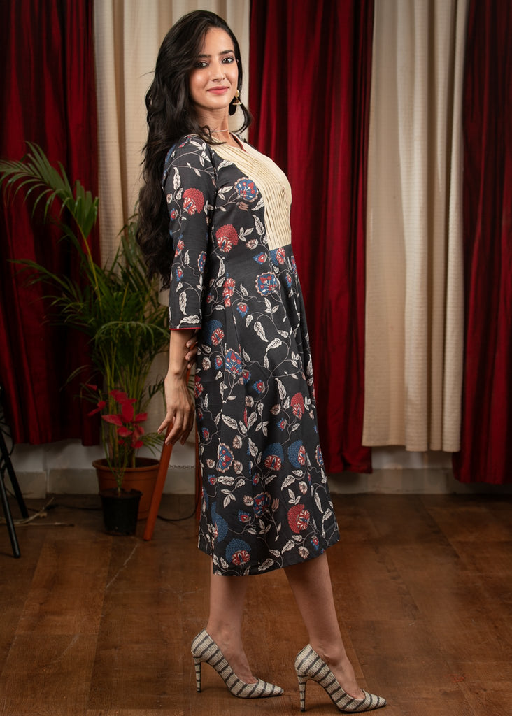 Black printed dress with off white pleated yoke