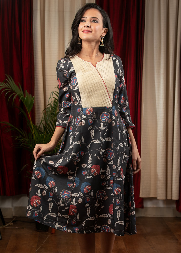 Black printed dress with off white pleated yoke