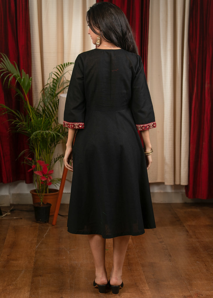 Black elegant cotton dress with hand embroidery & side tie ups