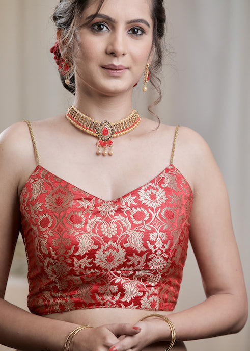 Exclusive Pure Banarasi Back Open Blouse with Noodle Strap. Lining Given