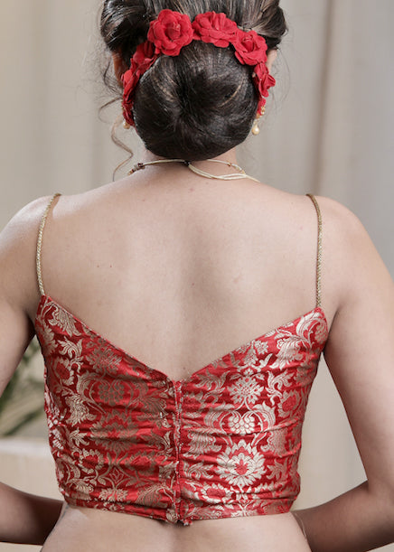 Exclusive Pure Banarasi Back Open Blouse with Noodle Strap. Lining Given