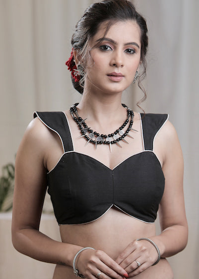 Stylish Black Cotton Silk Padded Blouse With white Piping